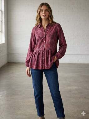 LOGO by Lori Goldstein Stretch Woven Button Front Peplum Blouse in Mosaic Crimso